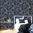 Boutique Royal palm Sapphire Leaf Gold effect Textured Wallpaper