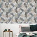 Boutique Jungle glam Blue & green Leaves Metallic effect Smooth Wallpaper