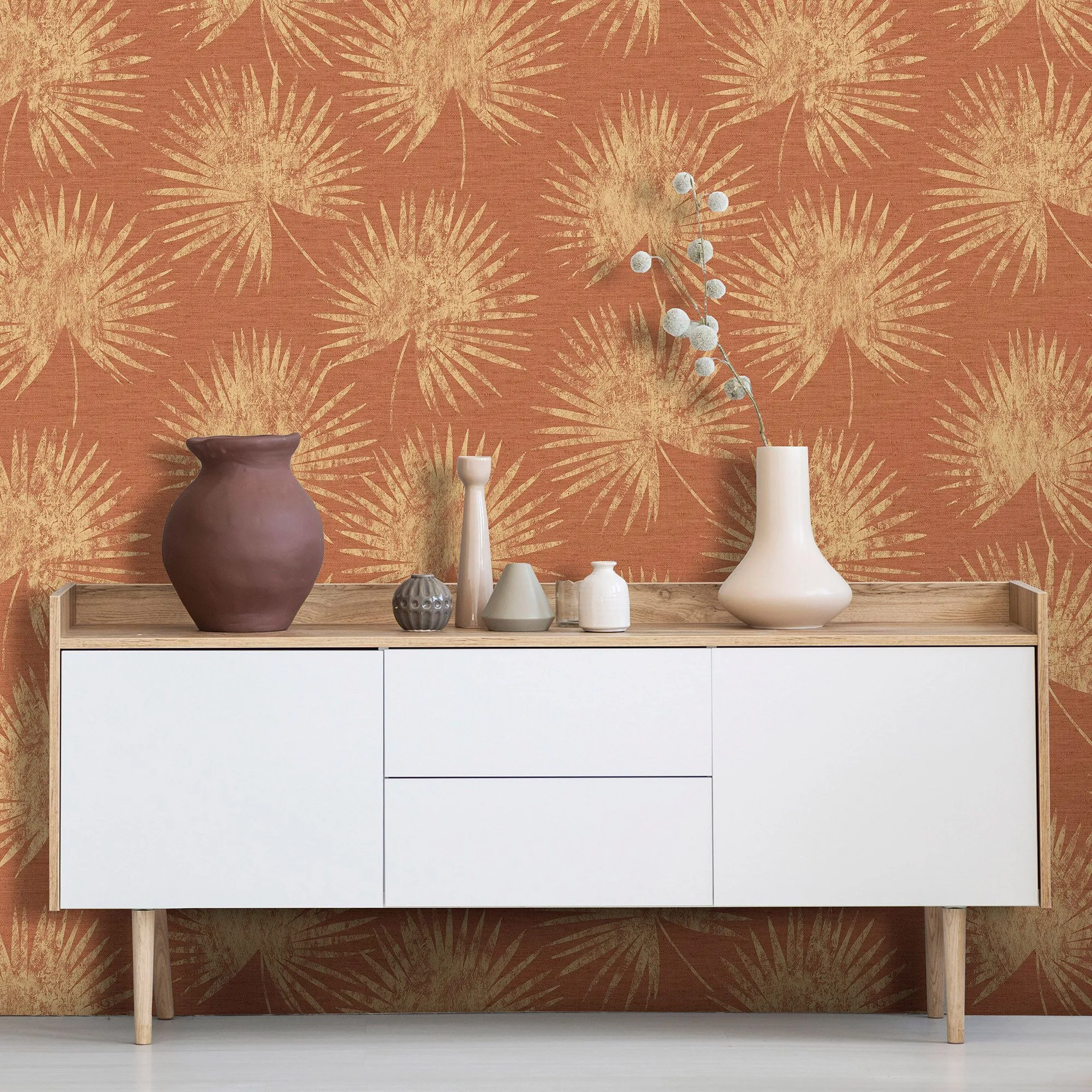 Superfresco Easy Burnt orange Palm leaves Gold effect Textured Wallpaper