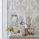 Laura Ashley Josette Dove grey & white Damask Smooth Wallpaper