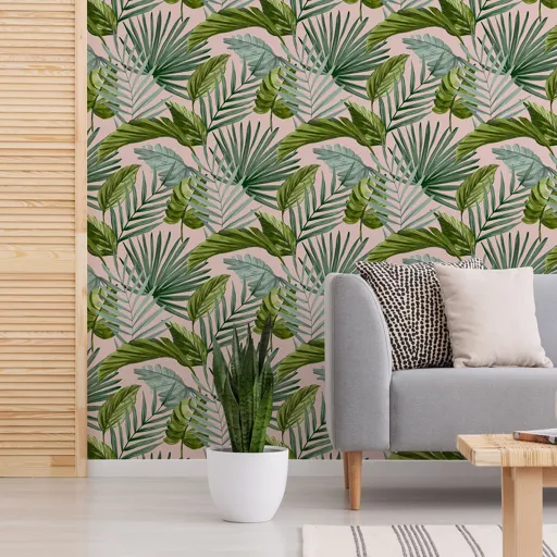 Superfresco Easy Flow Green & pink Leaves Smooth Wallpaper