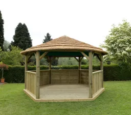 Forest Hexagonal Thatched Roof Gazebo with Green Lining 4.7m Treated Timber (Installed)