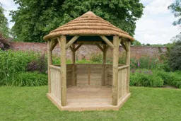 Forest Hexagonal Thatched Roof Gazebo with Cream Lining 3m Treated Timber (Installed)