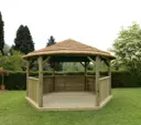 Forest Hexagonal Thatched Roof Gazebo with Cream Lining 4.7m Treated Timber (Installed)
