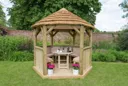 Forest Hexagonal Thatched Roof Gazebo with Table, Benches & Cream Cushions 3m Treated Timber (Installed)