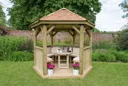 Forest Hexagonal Cedar Roof Gazebo with Table, Benches & Cream Cushions 3m Treated Timber (Installed)