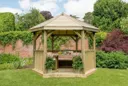Forest Hexagonal Timber Roof Gazebo with Table, Benches & Cream Cushions 3.6m Treated Timber (Installed)