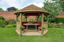 Forest Hexagonal Thatched Roof Gazebo with Table, Benches & Terracotta Cushions 4m Treated Timber (Installed)
