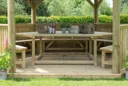 Forest Hexagonal Thatched Roof Gazebo with Table, Benches & Cream Cushions 4.7m Treated Timber (Installed)