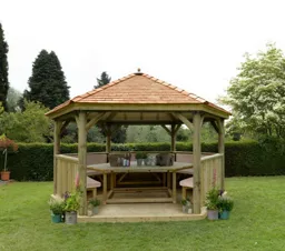 Forest Hexagonal Cedar Roof Gazebo with Table, Benches & Cream Cushions 4.7m Treated Timber (Installed)