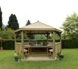 Forest Hexagonal Timber Roof Gazebo with Table, Benches & Cream Cushions 4.7m Treated Timber (Installed)