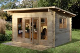 Forest Melbury Pent Roof Double Glazed Log Cabin (34kg Polyester Felt, plus Underlay ) 4.0m x 3.0m Natural Timber