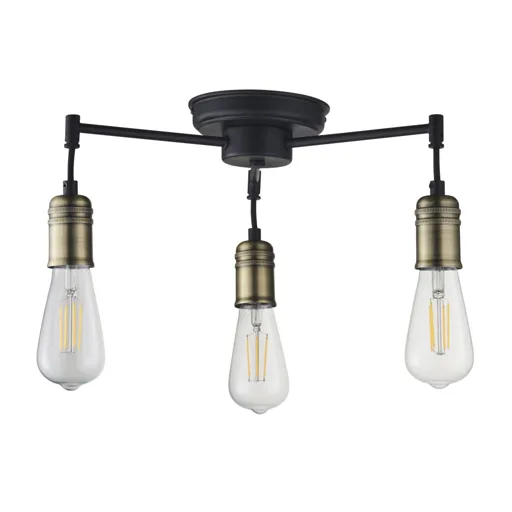 Hixley Matt Black Antique brass effect 3 Lamp Ceiling light