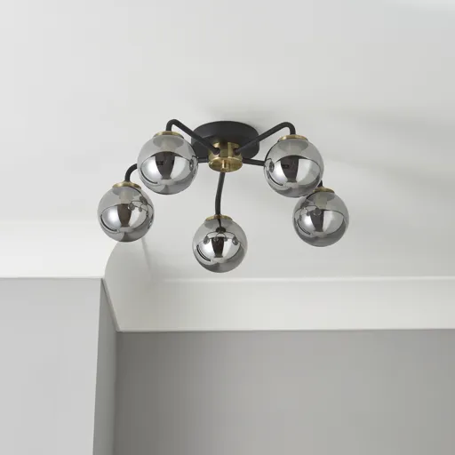 Agile Black Antique brass & smoked glass effect 5 Lamp Ceiling light