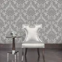 Holden Décor Opus Clara Charcoal Damask Glitter effect Embossed Wallpaper