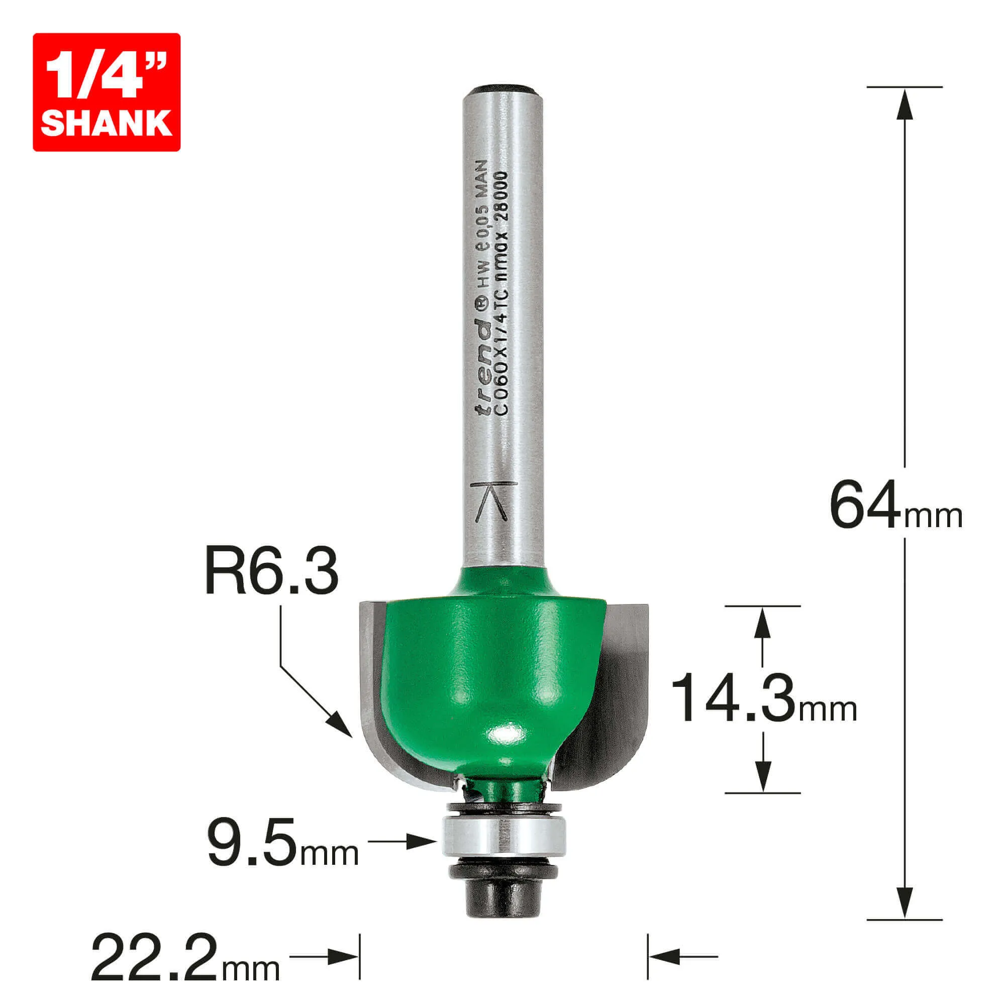 Trend CRAFTPRO Radius Bearing Guided Router Cutter - 22.2mm, 14.3mm, 1/4"
