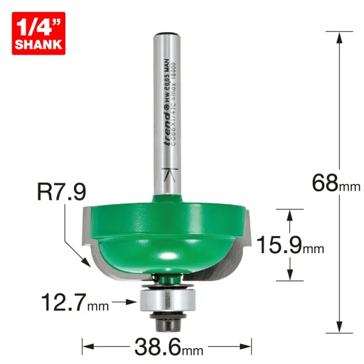 Trend CRAFTPRO Radius Bearing Guided Router Cutter - 38.6mm, 15.9mm, 1/4"