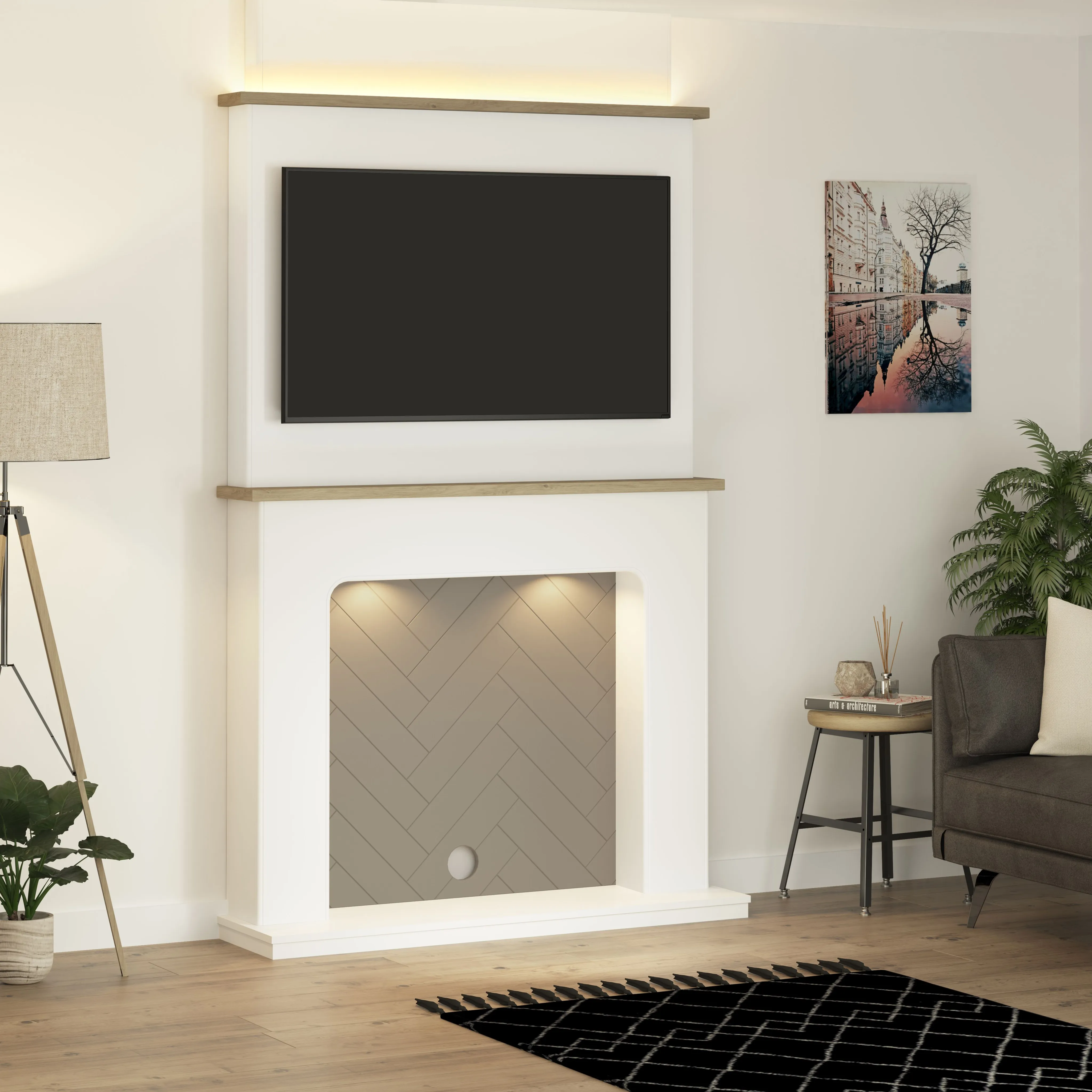 Be Modern Charingworth White & oak effect Fire surround with lights