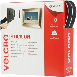 Velcro Stick On Tape Black - 20mm, 10m, Pack of 1