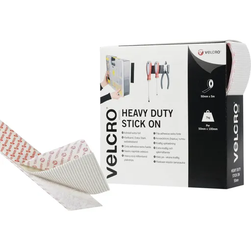 Velcro Heavy Duty Stick On Tape White - 50mm, 5m, Pack of 1