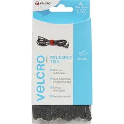 Velcro Adjustable Ties Black - 12mm, 200mm, Pack of 6