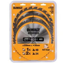 DeWalt 3 Piece 250mm Construction Circular Saw Blade Set - 250mm, Assorted Teeth, 30mm