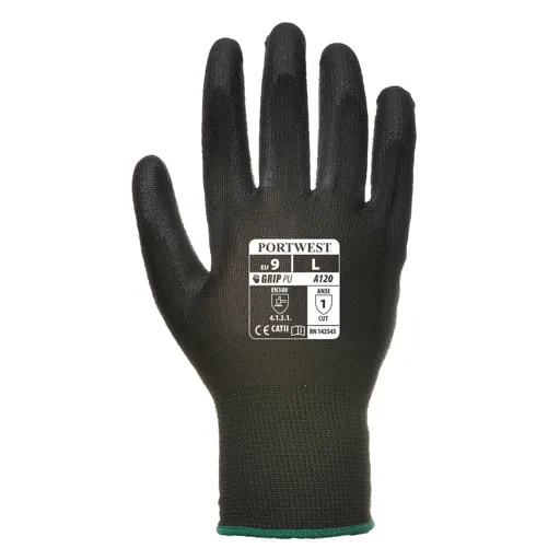 Portwest PU Palm General Handling Grip Gloves - Black, XL