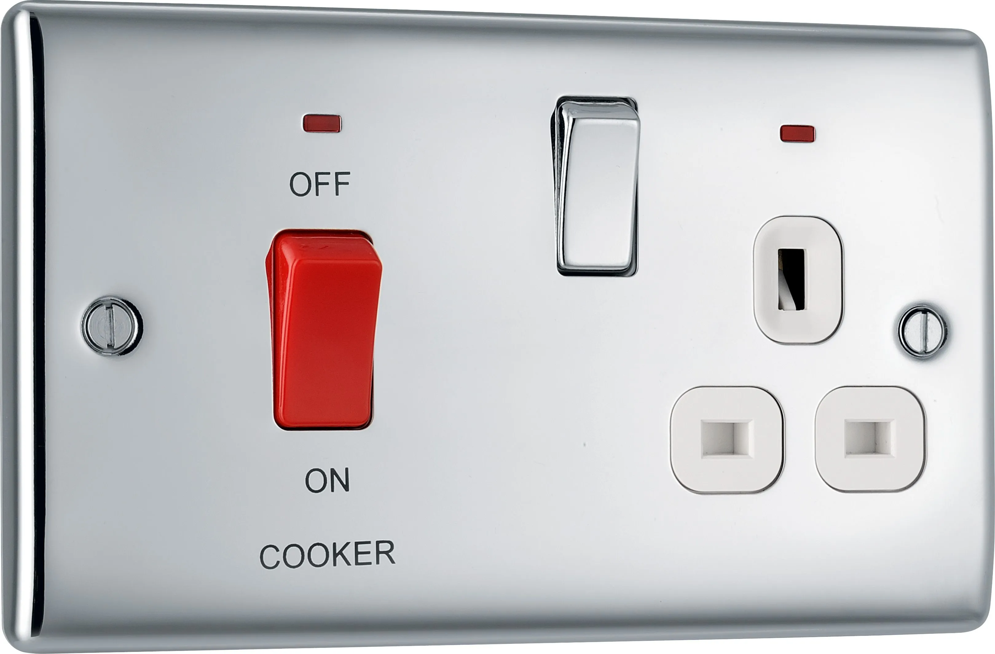 BG Chrome Single Cooker switch & socket with neon & White inserts