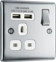 BG Chrome Single 13A Switched Socket with USB x2 & White inserts