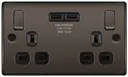 BG Black Nickel Double 13A Switched Socket with USB x2 & Black inserts