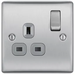 BG Brushed Steel Single 13A Switched Socket & Grey inserts