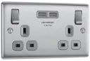 BG Brushed Steel Double 13A Switched Socket with USB x2 & Grey inserts