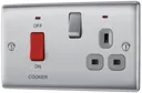 BG Brushed Steel Single Cooker switch & socket with neon & Grey inserts