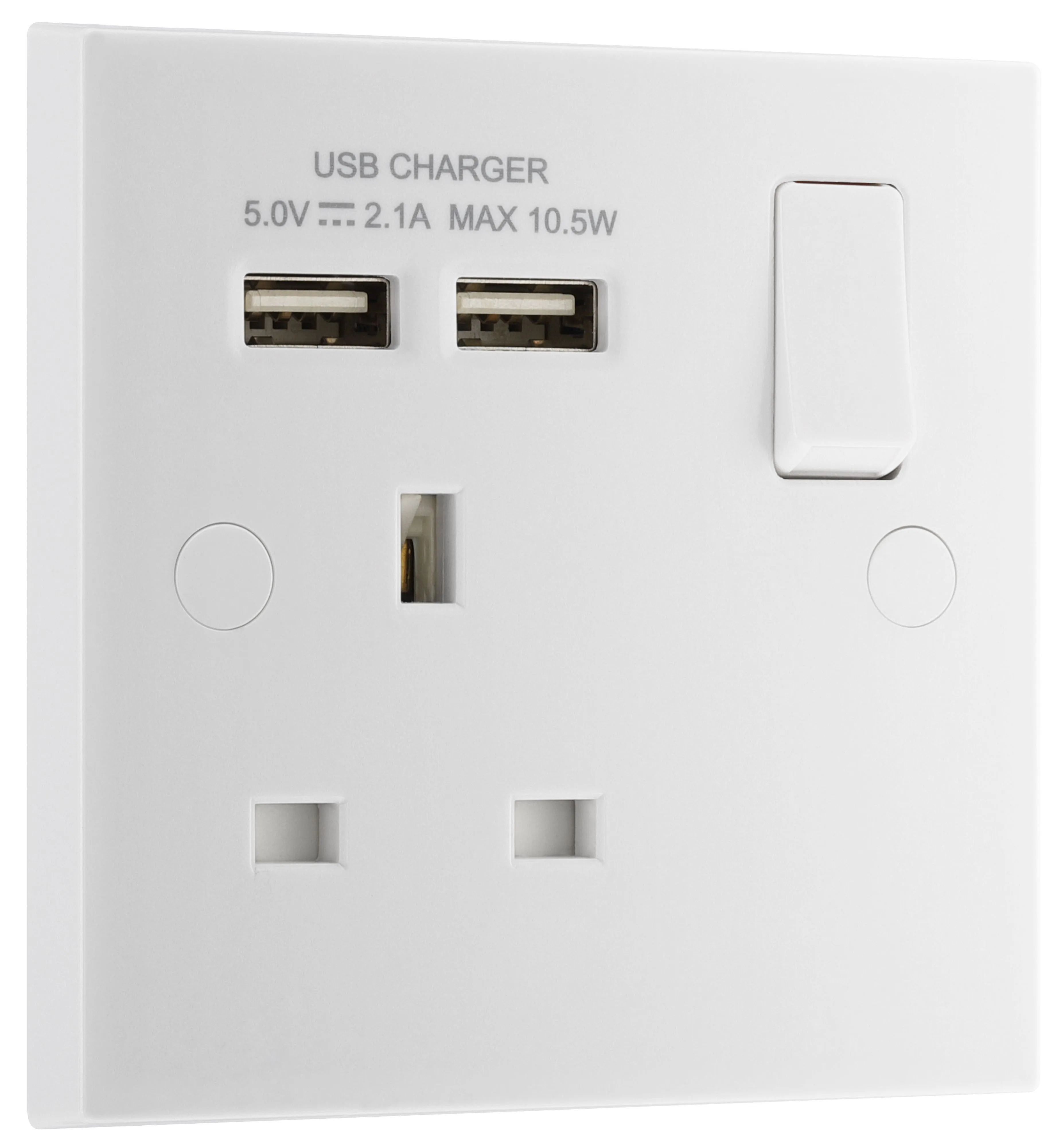 BG White Single 13A Switched Socket with USB x2 & White inserts