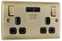 BG Antique Brass Double 13A Switched Socket with USB x2 & Black inserts