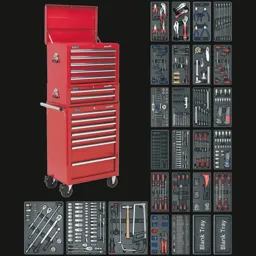 Sealey Superline Pro 14 Drawer Roller Cabinet, Mid and Top Tool Chests + 1179 Piece Tool Kit - Red