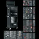 Sealey Superline Pro 14 Drawer Roller Cabinet, Mid and Top Tool Chests + 1179 Piece Tool Kit - Black