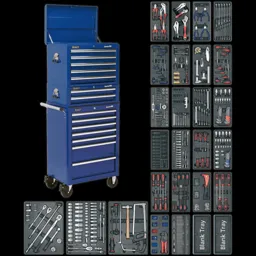 Sealey Superline Pro 14 Drawer Roller Cabinet, Mid and Top Tool Chests + 1179 Piece Tool Kit - Blue