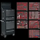 Sealey Superline Pro 14 Drawer Roller Cabinet, Mid and Top Tool Chests + 446 Piece Tool Kit - Black