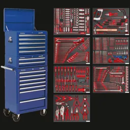 Sealey Superline Pro 14 Drawer Roller Cabinet, Mid and Top Tool Chests + 446 Piece Tool Kit - Blue