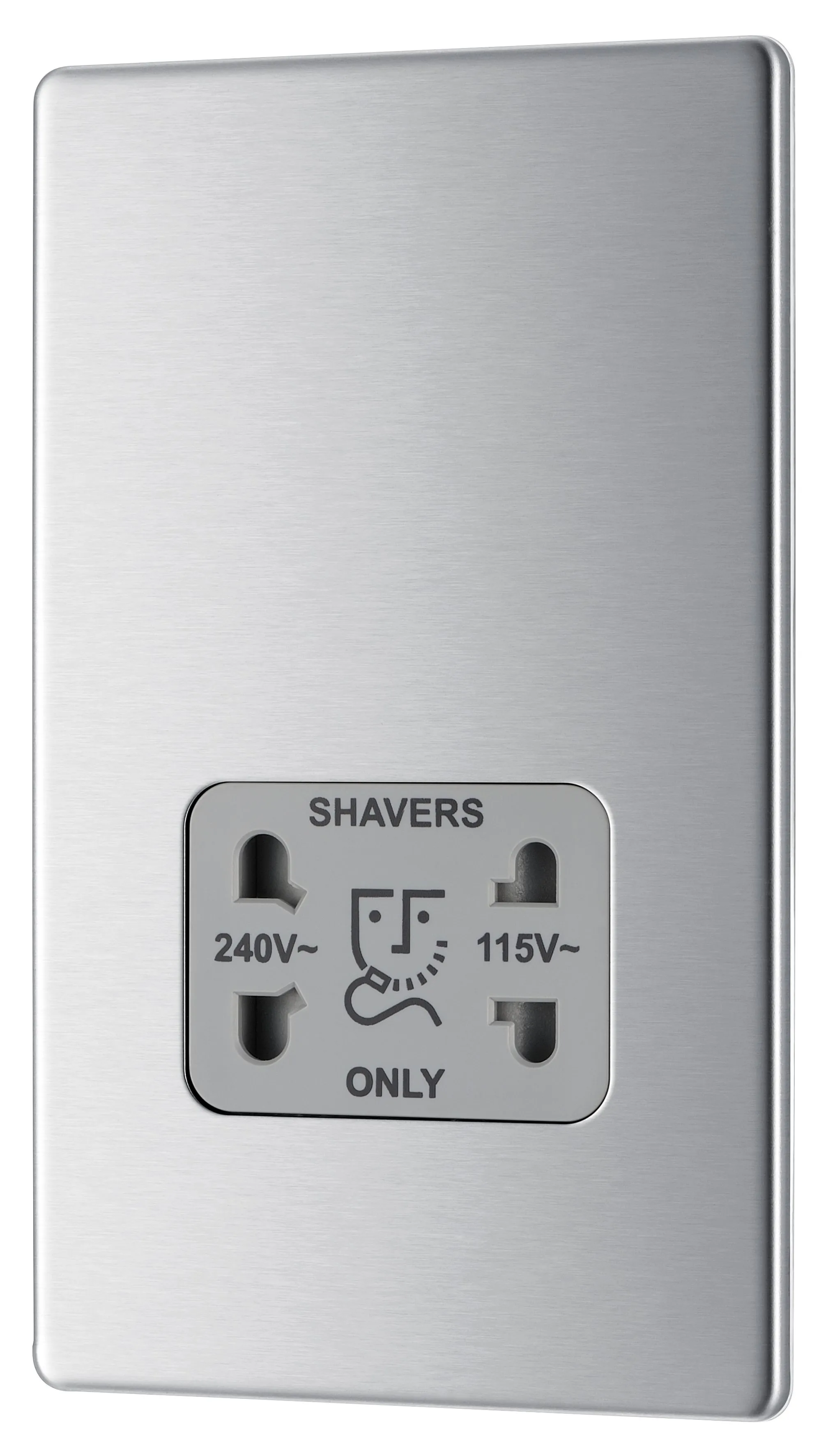 Colours Flat Screwless Silver Steel effect Brushed Dual Shaver socket