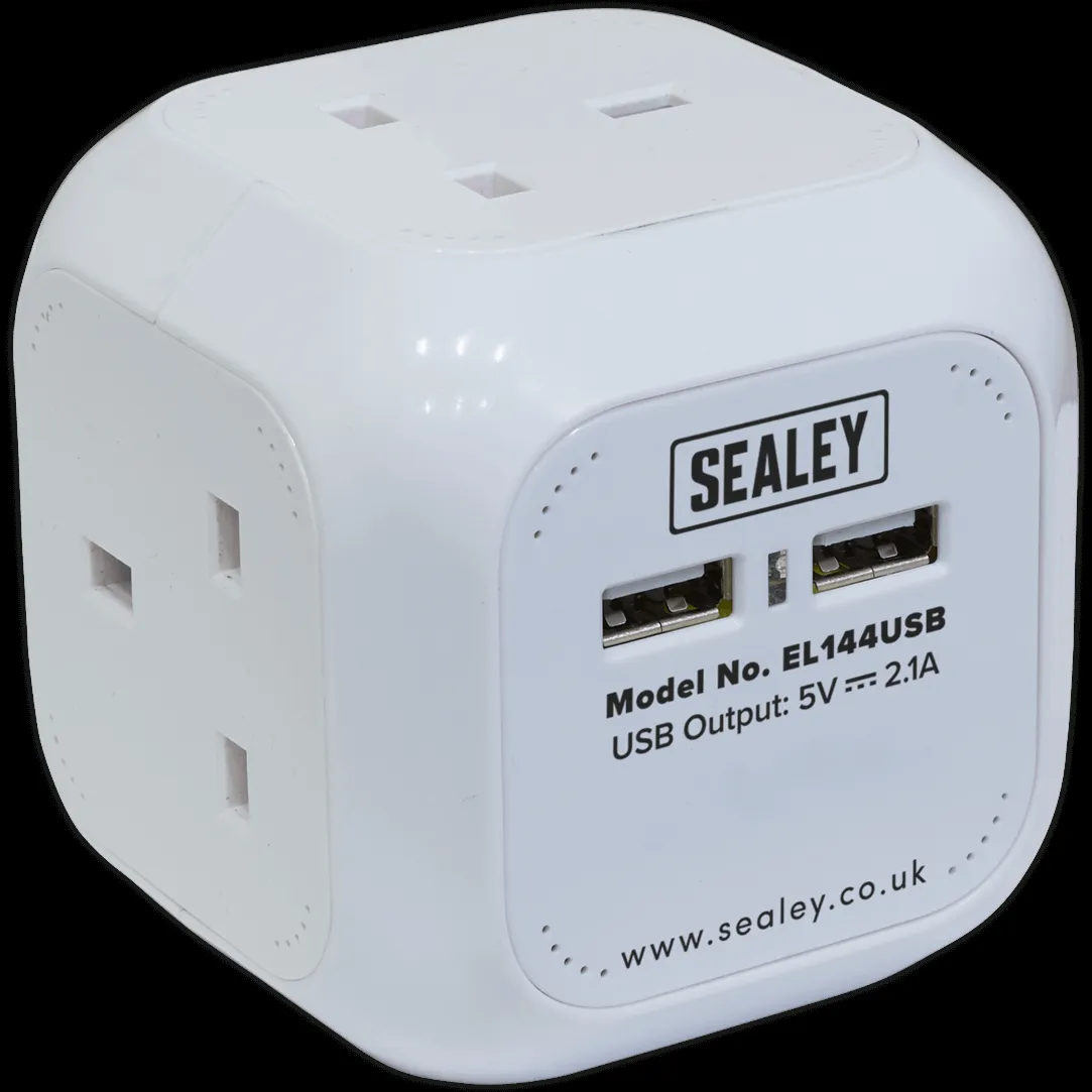 Sealey 4 Way Mains Extension Cube and USB Sockets - 1.4m