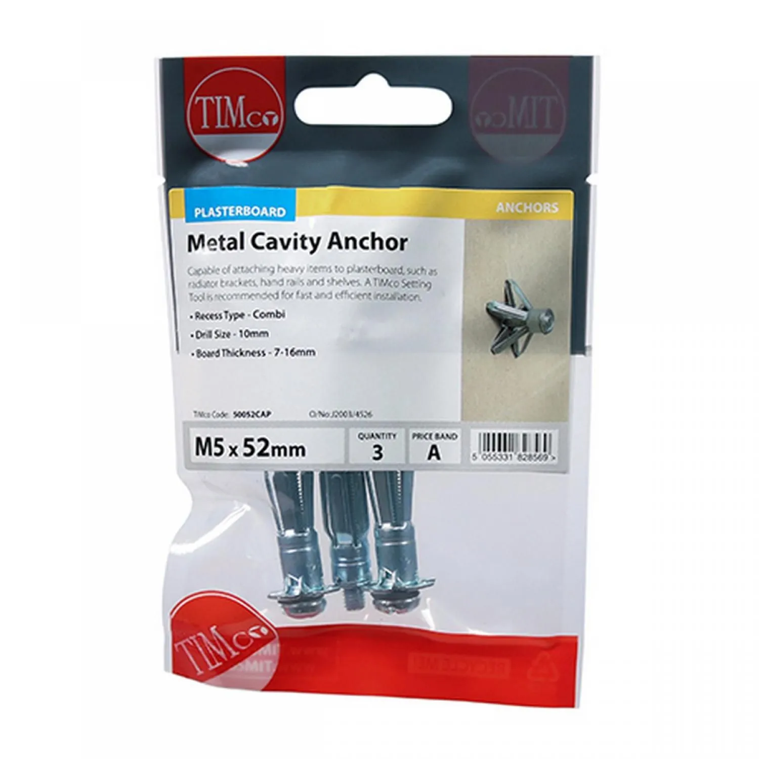 TIMco Metal Cavity Anchor with Screw M5 x 52mm BZP   3pk