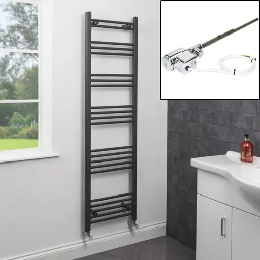 Dual Fuel Anthracite Heated Towel Rail 1600 x 450mm - Flat Thermostatic