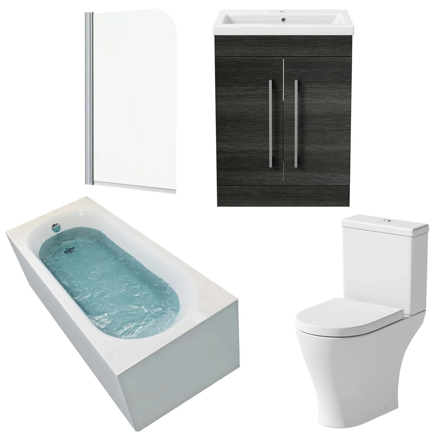 Arles Bathroom Suite with Single Ended Curved Bath, Screen & Aurora Charcoal Grey Vanity Unit 1700mm