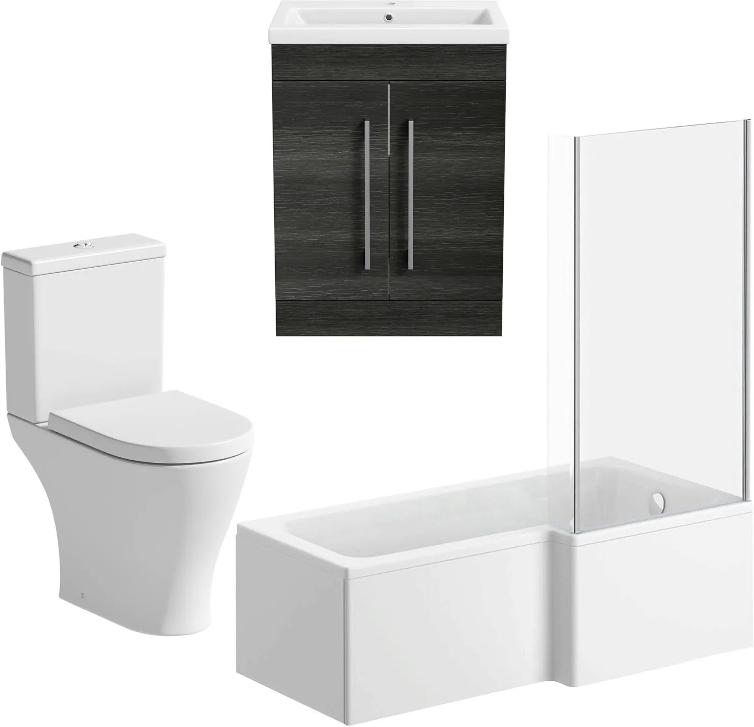 Arles Bathroom Suite with L Shape Bath, Screen & Aurora Charcoal Grey Vanity Unit Right Hand 1700mm