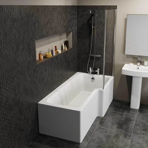 Ceramica L Shaped Shower Bath Bundle 1600mm Right Hand- Including Shower Screen & Front Bath Panel