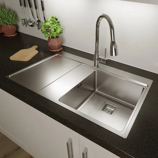 Sauber 1 Bowl Square Inset Stainless Steel Kitchen Sink Left Hand Drainer - 860 x 520mm
