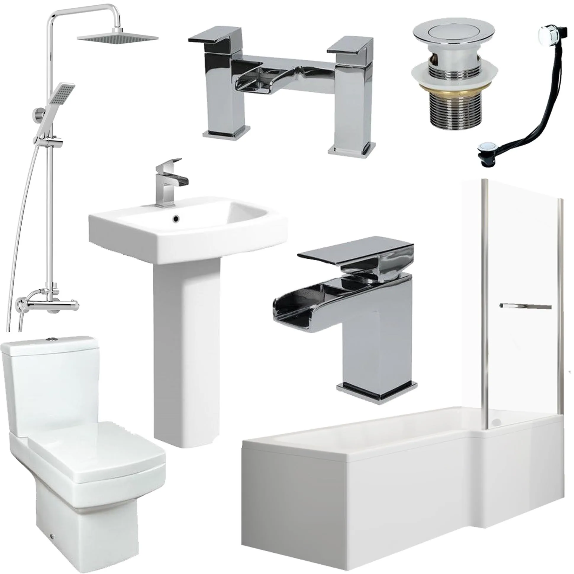 Royan Bathroom Suite with L Shape Bath, Taps, Shower, Screen & Rail - Right Hand 1500mm