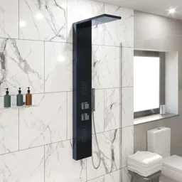 Merano Thermostatic Square Shower Tower Panel with Handset and 2 Body Jets - Black Mirror Finish